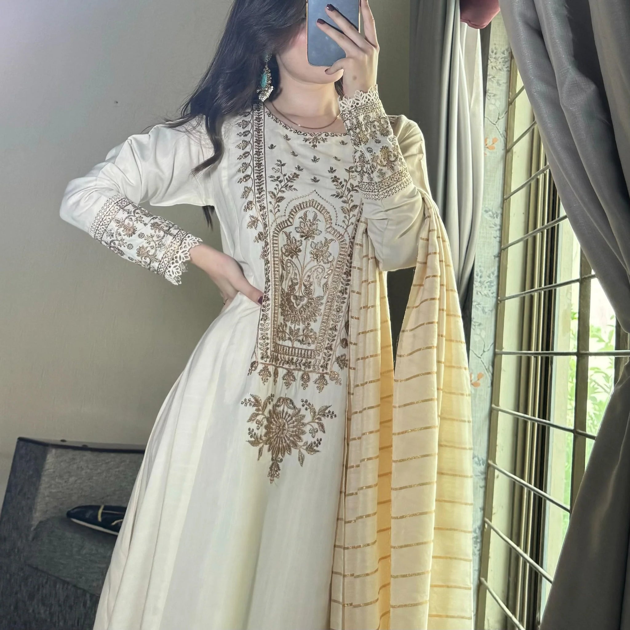 Ivory Embroidered Raw silk Frock 3PC