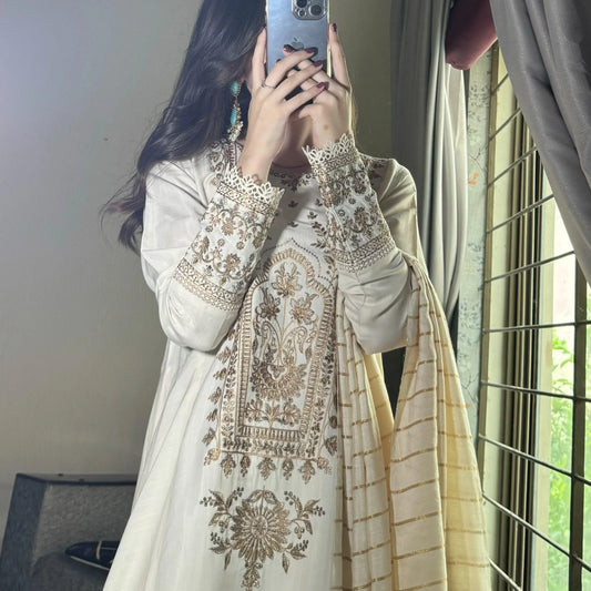 Ivory Embroidered Raw silk Frock 3PC